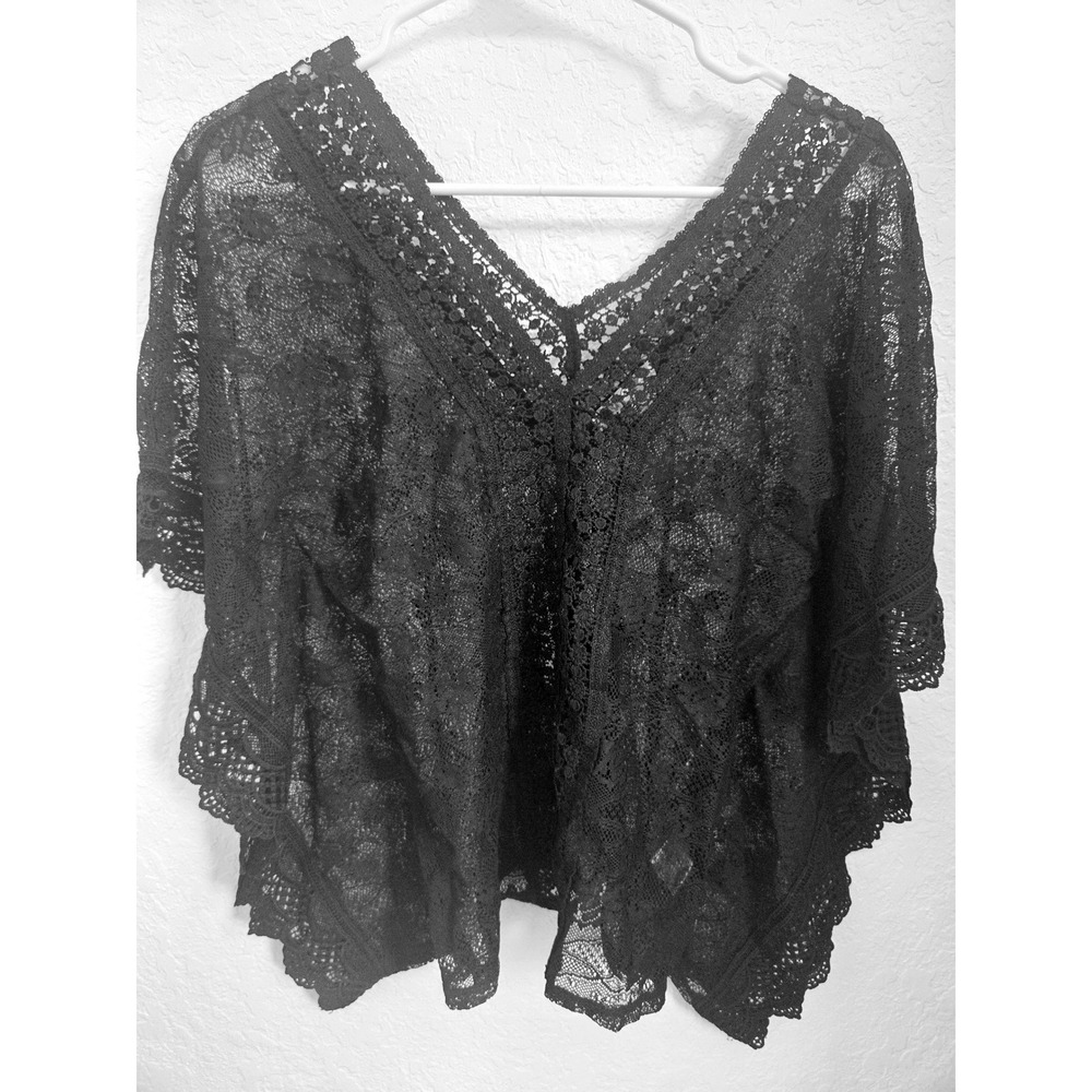 Candies Black Floral Lace V-Neck Poncho Top Sheer Scalloped Crochet XS